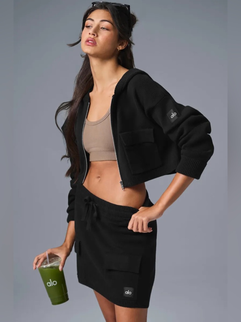 ALO Yoga Black Cropped Scholar Knit Cargo Full Zip Hoodie Jacket